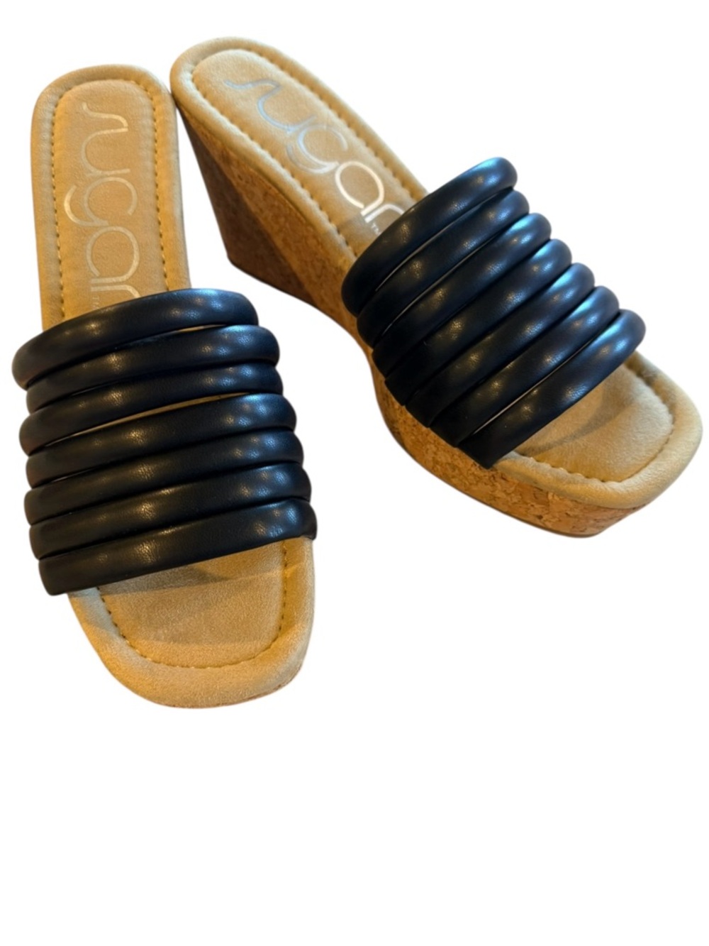 Sugar Black Sandal Ribbed Band Cork Wedge Slides Size 8.5 NWOB